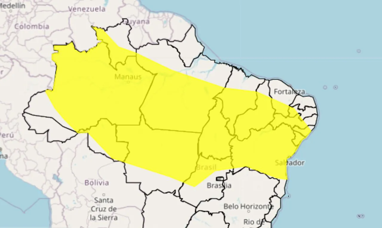 o mapa mostra as áreas em alerta para chuva itnensa e ventos em grande parte das regiões